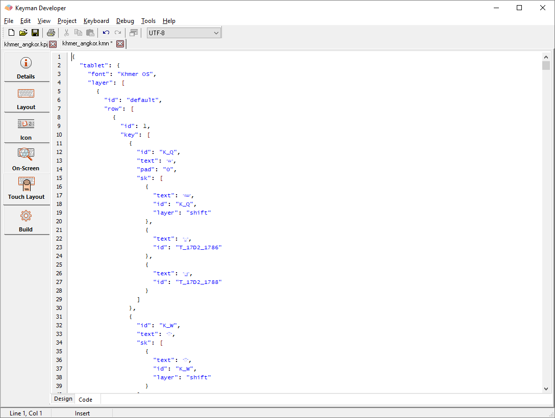 Keyboard Editor - Touch Layout tab, Code view