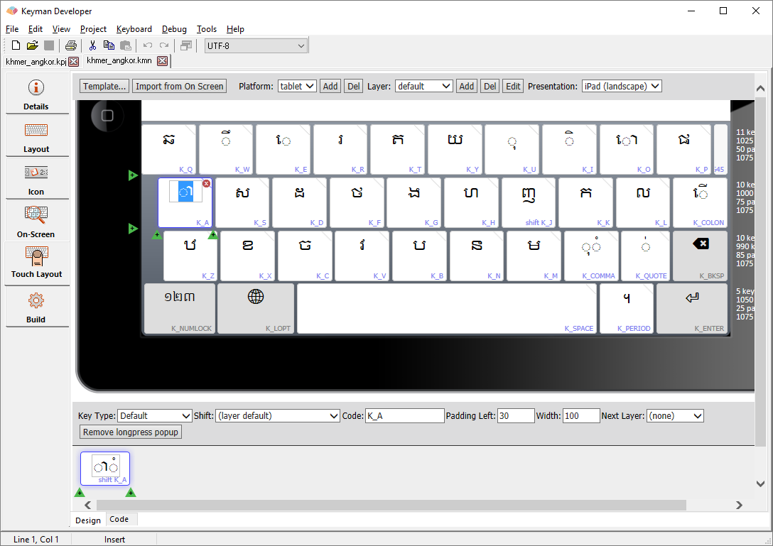 Keyboard Editor - Touch Layout tab, Design view