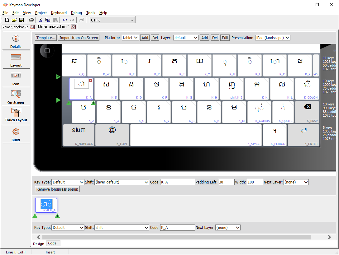 Keyboard Editor - Touch Layout tab, Design view closeup