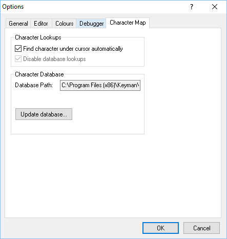 Options dialog - Character Map tab