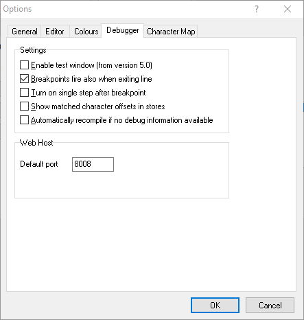 Options dialog - Debugger tab