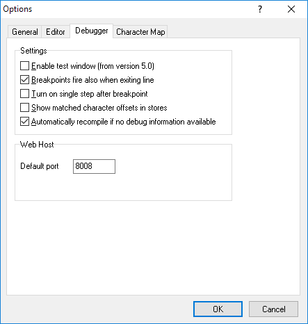 Options dialog - Debugger tab