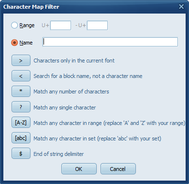 Character Map Filter dialog