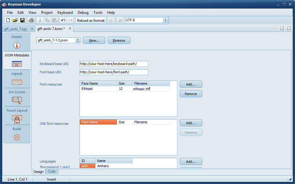 Keyboard Editor - JSON Metadata tab, Design view