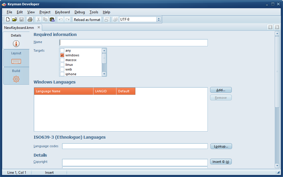 Keyboard Editor - New file, Details tab