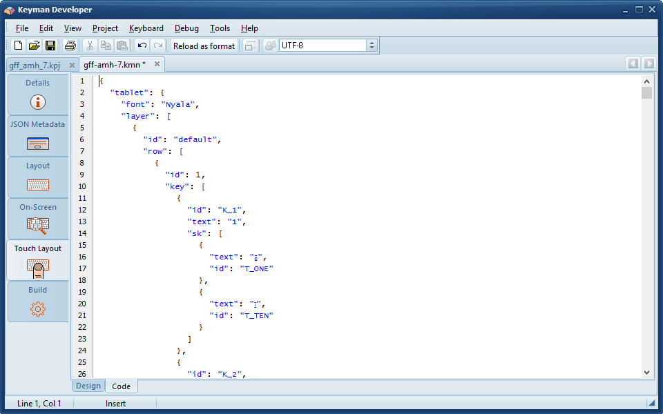 Keyboard Editor - Touch Layout tab, Code view