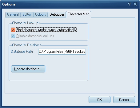 Options dialog - Character Map tab