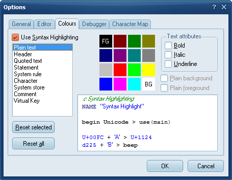 Options dialog - Colours tab