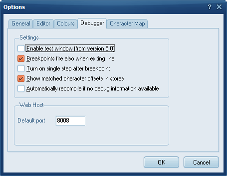 Options dialog - Debugger tab