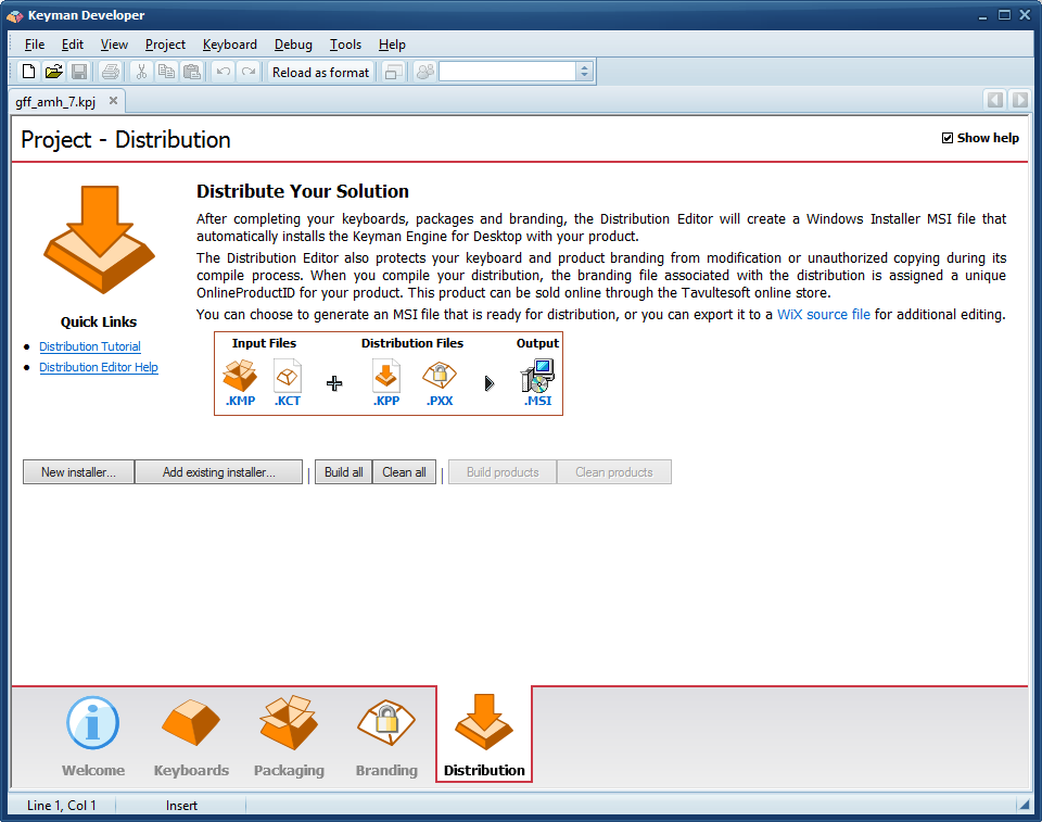 Project window - Distribution tab