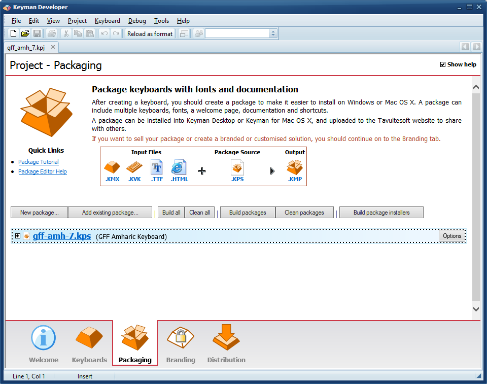 Project window - Packaging tab