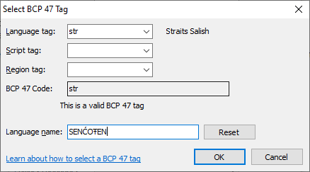 Select BCP 47 Tag
dialog