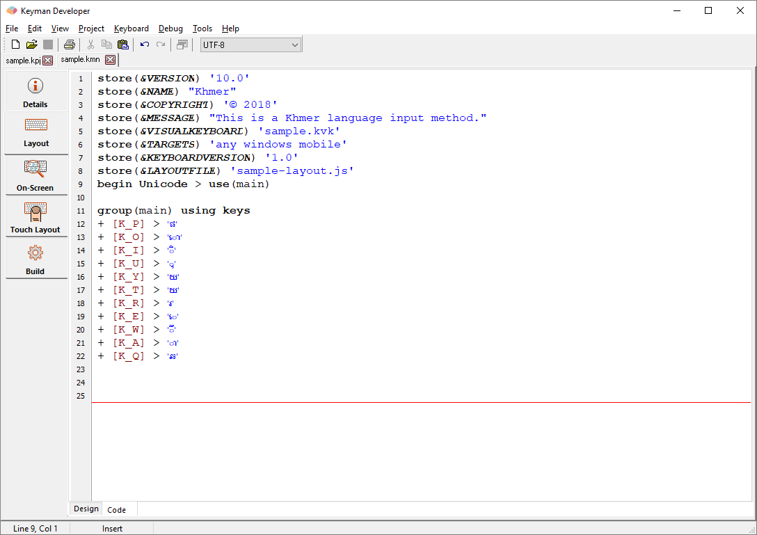 Keyboard Editor - Layout tab, Code view
