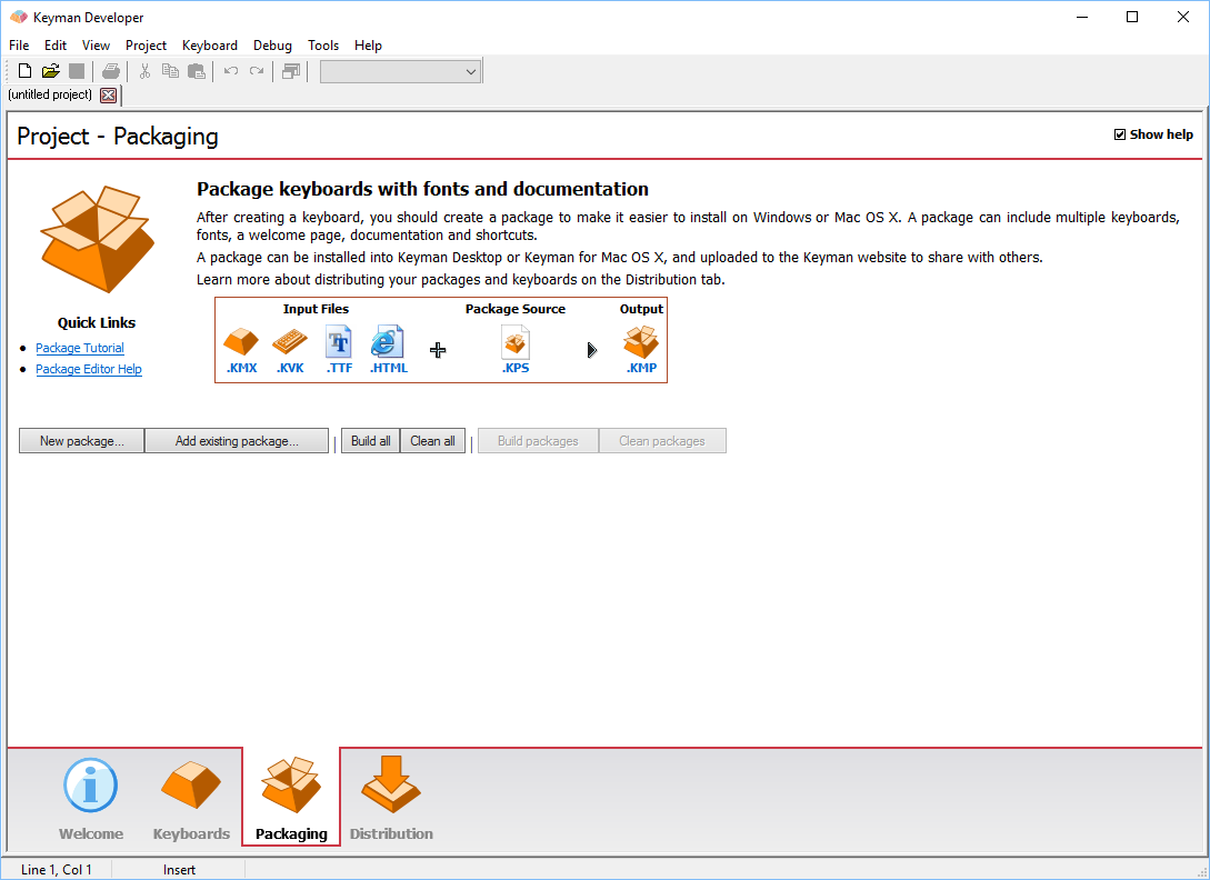 Project window - Packaging tab