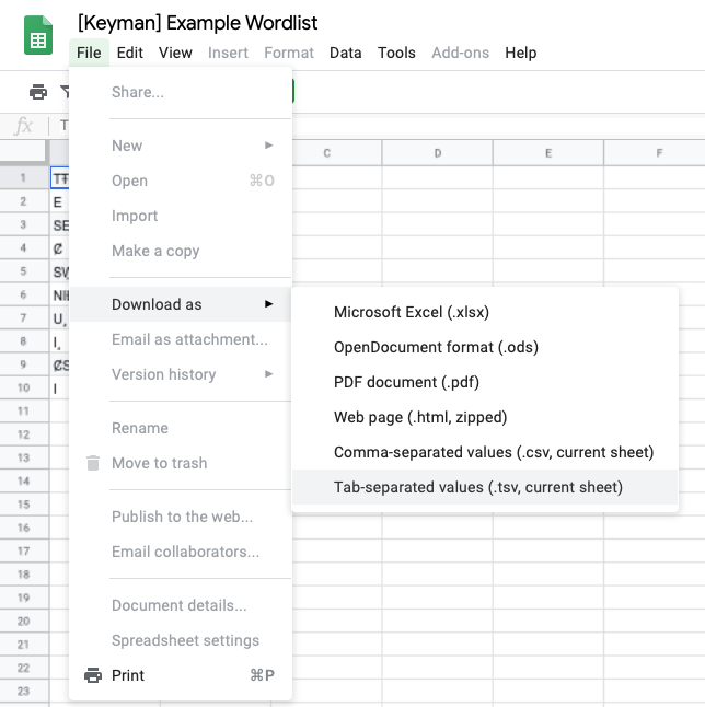 screenshot of “Save as…” menu in Google Sheets, selecting ”TSV”