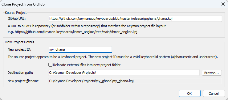 Clone GitHub Project Parameters dialog