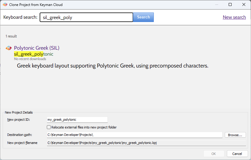 Clone Keyman Cloud Project Parameters dialog