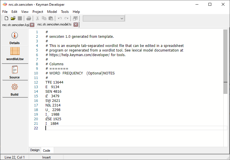 Model Editor - Wordlist tab - Code view